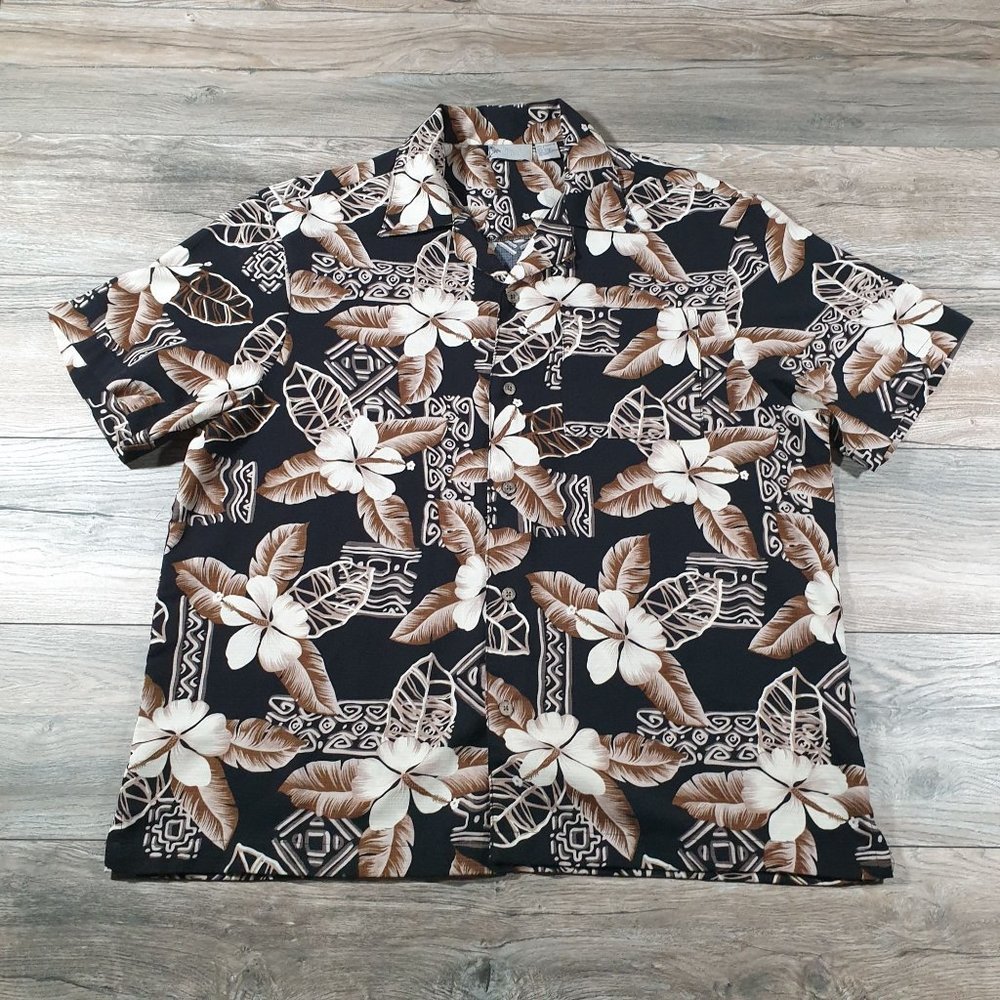 Island Shores Mens Large Short Sleeve Shirt Hawaiian Floral Vacation Beach Poly